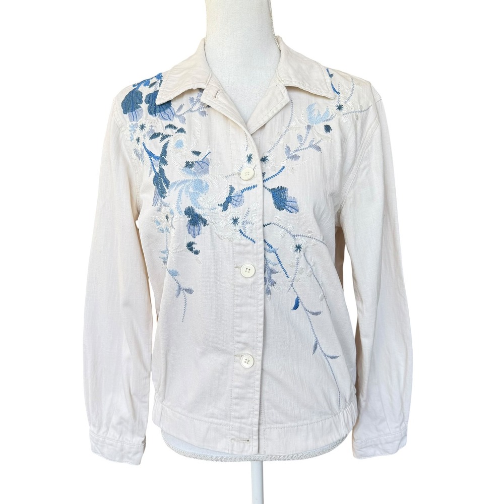 Topshop Cream Denim Floral Embroidered Jacket Blue‎ Boho Button Up US 4